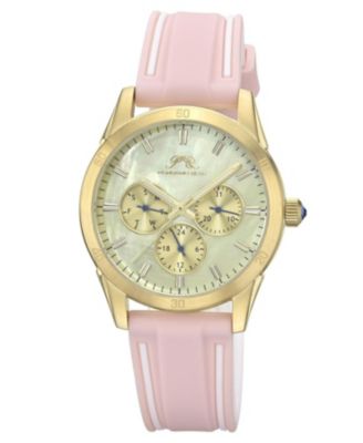 Women's Georgie Multifunction Pink and White Silicone Strap Gold Tone Mother Of Pearl  Dial Watch 39 mm