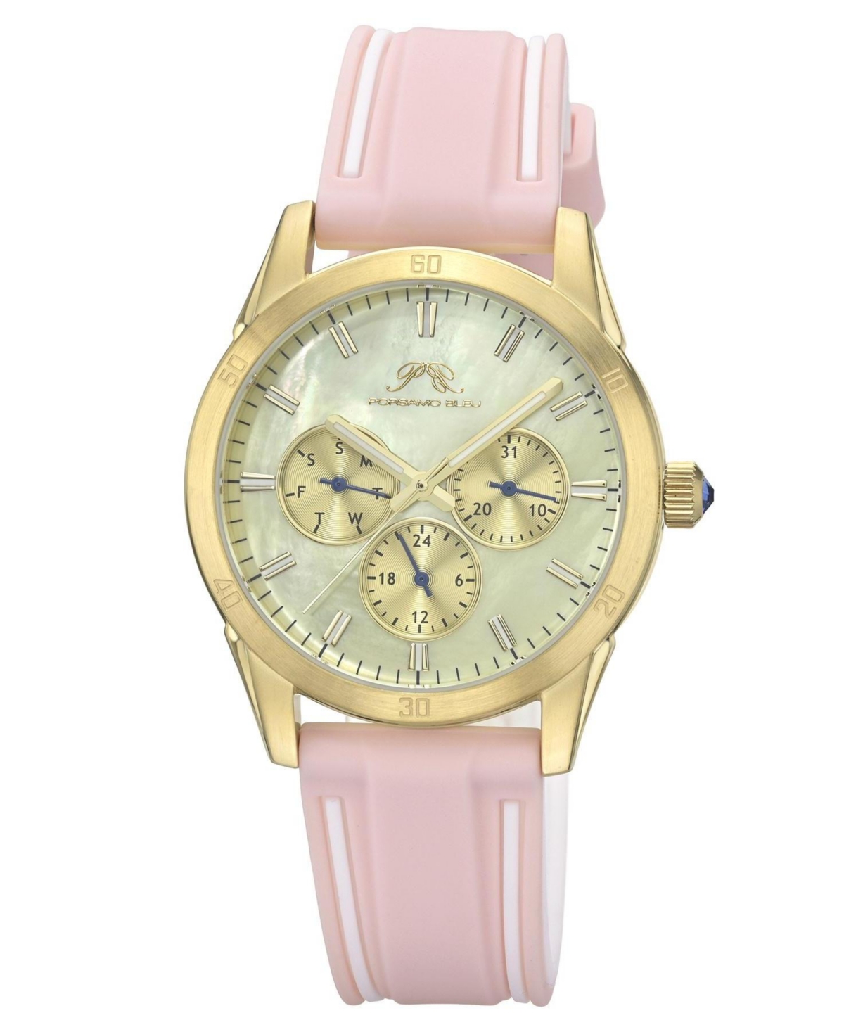 Porsamo Bleu Women's Georgie Multifunction Pink and White Silicone Strap Gold Tone Mother Of Pearl Dial Watch 39 mm - Gold tone, white and pink