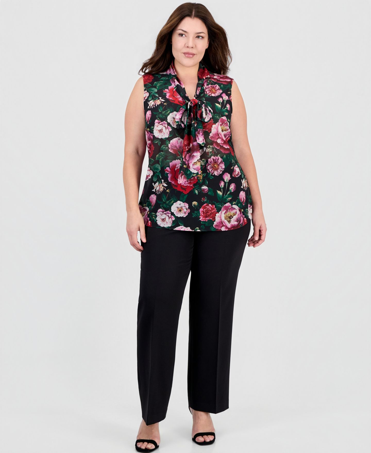 Женская блузка Tahari Plus Size Tie Front Floral-Print Sleeveless, цвет: Чёрный разноцветный — фото 2