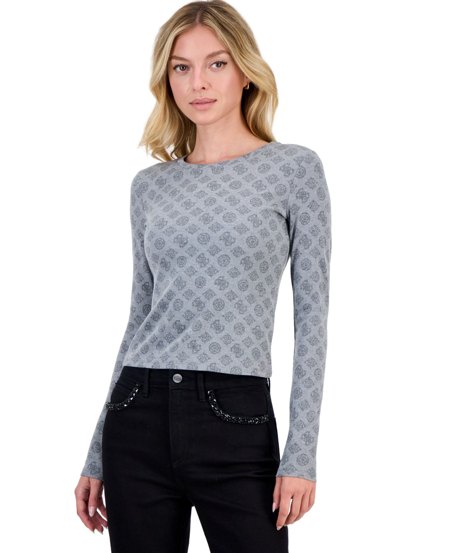 Женская футболка GUESS Fausta Allover Jacquard Logo Long-Sleeve Crewneck, цвет: Пионовый серый — фото 1