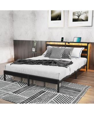 Queen Metal Platform Bed with LED, USB, and Headboard