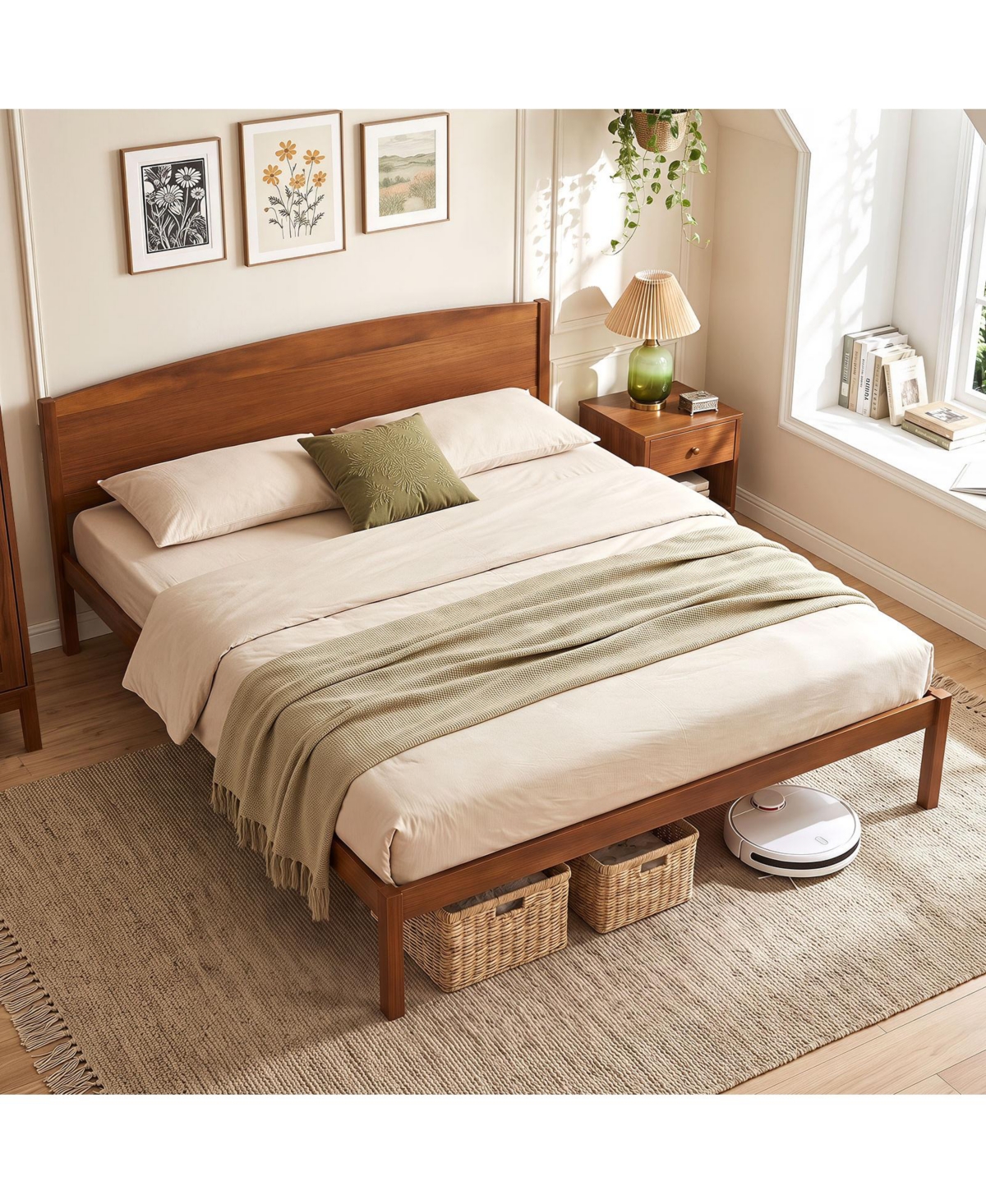 Gymax King Wooden Platform Bed Frame with Curved Headboard Solid Pine Wood Legs
