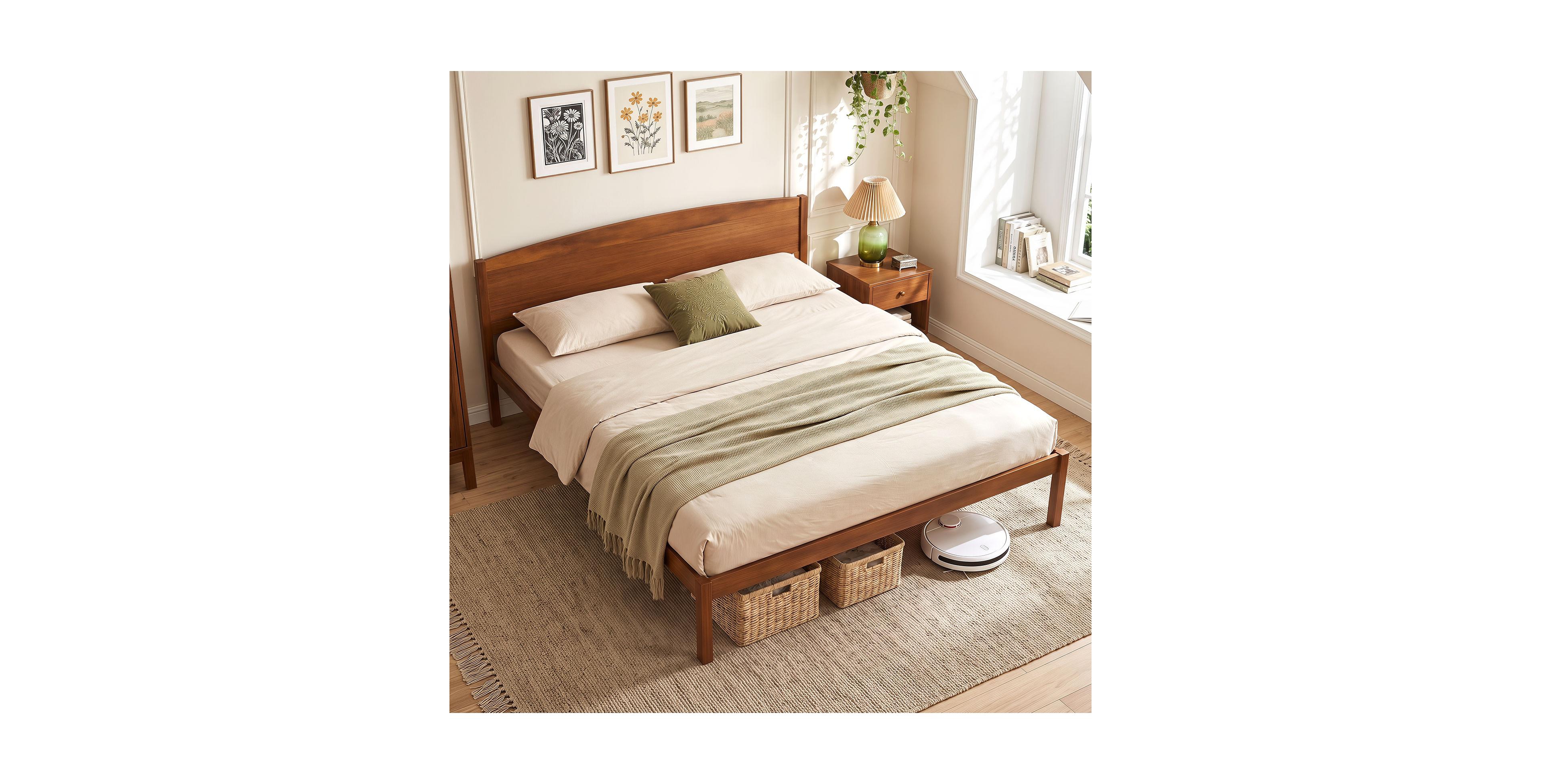 Gymax King Wooden Platform Bed Frame with Curved Headboard Solid Pine Wood Legs