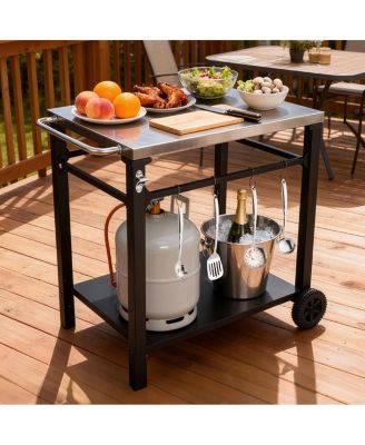 2-Tier Outdoor Grill Cart with Stainless Steel Top and Tool Hooks