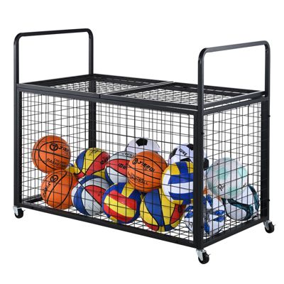Rolling Sports Ball Storage Cart with Lockable Double Top Lids and 4-Wheel Braking