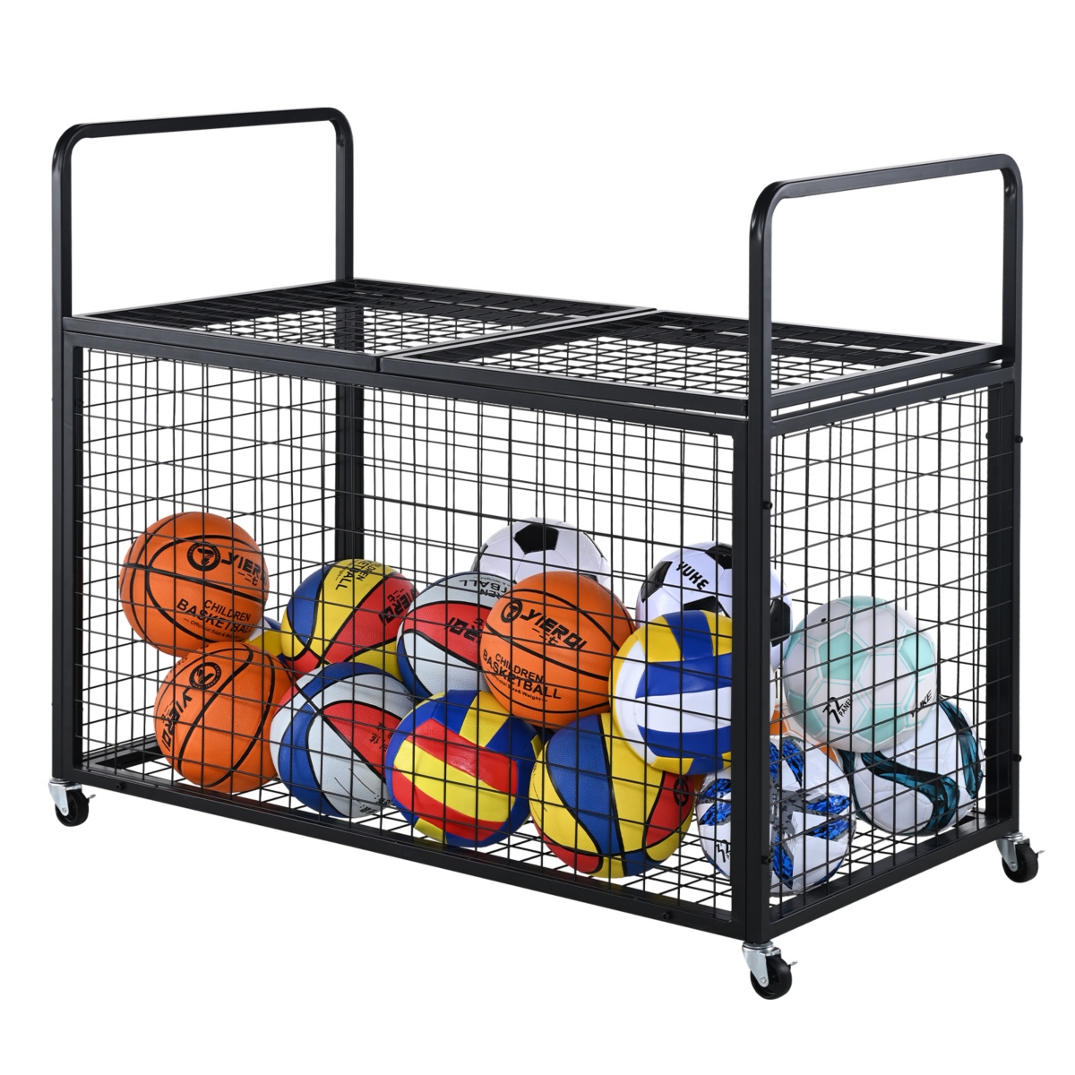 Sugift Rolling Sports Ball Storage Cart with Lockable Double Top Lids and 4-Wheel Braking