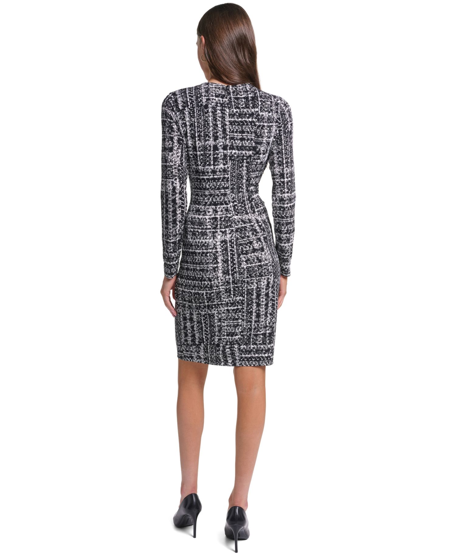 Women's Long-Sleeve V-Neck Printed Sheath Dress