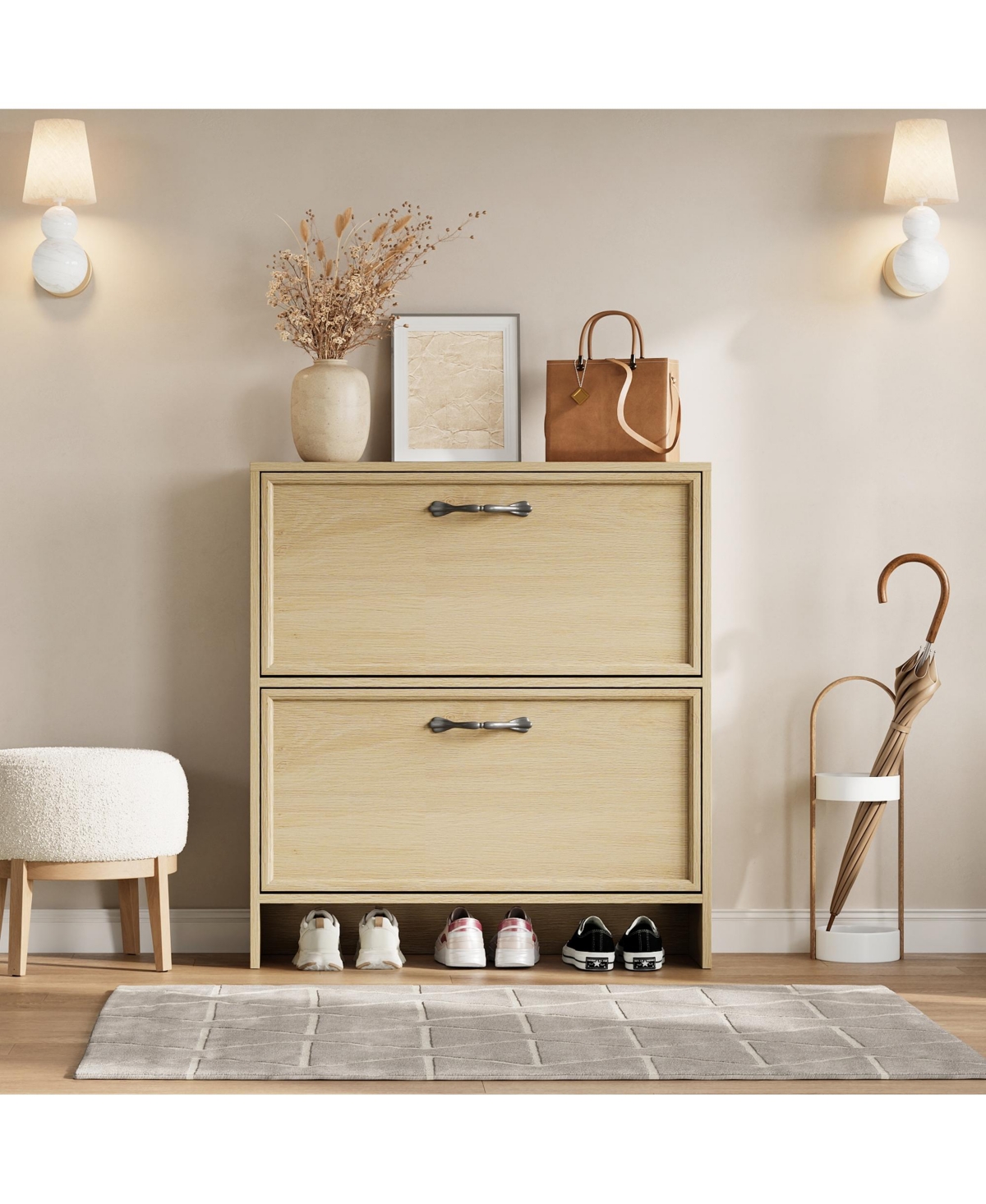 gaomon Shoe Cabinet with 2 Flip Drawers, Freestanding Shoes Rack for Entryway Hallway, Light Wood