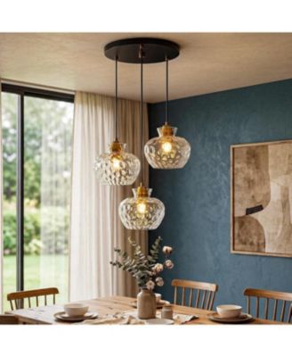 Antique Brass Pendant Light, 3-Light Water Ripple Glass Chandelier, Matte Ceiling Mount