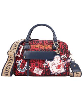 Women's Multi Patch Graphic Satchel Bag with Detachable Guitar Buddha Charm - Convertible Crossbody Handbag