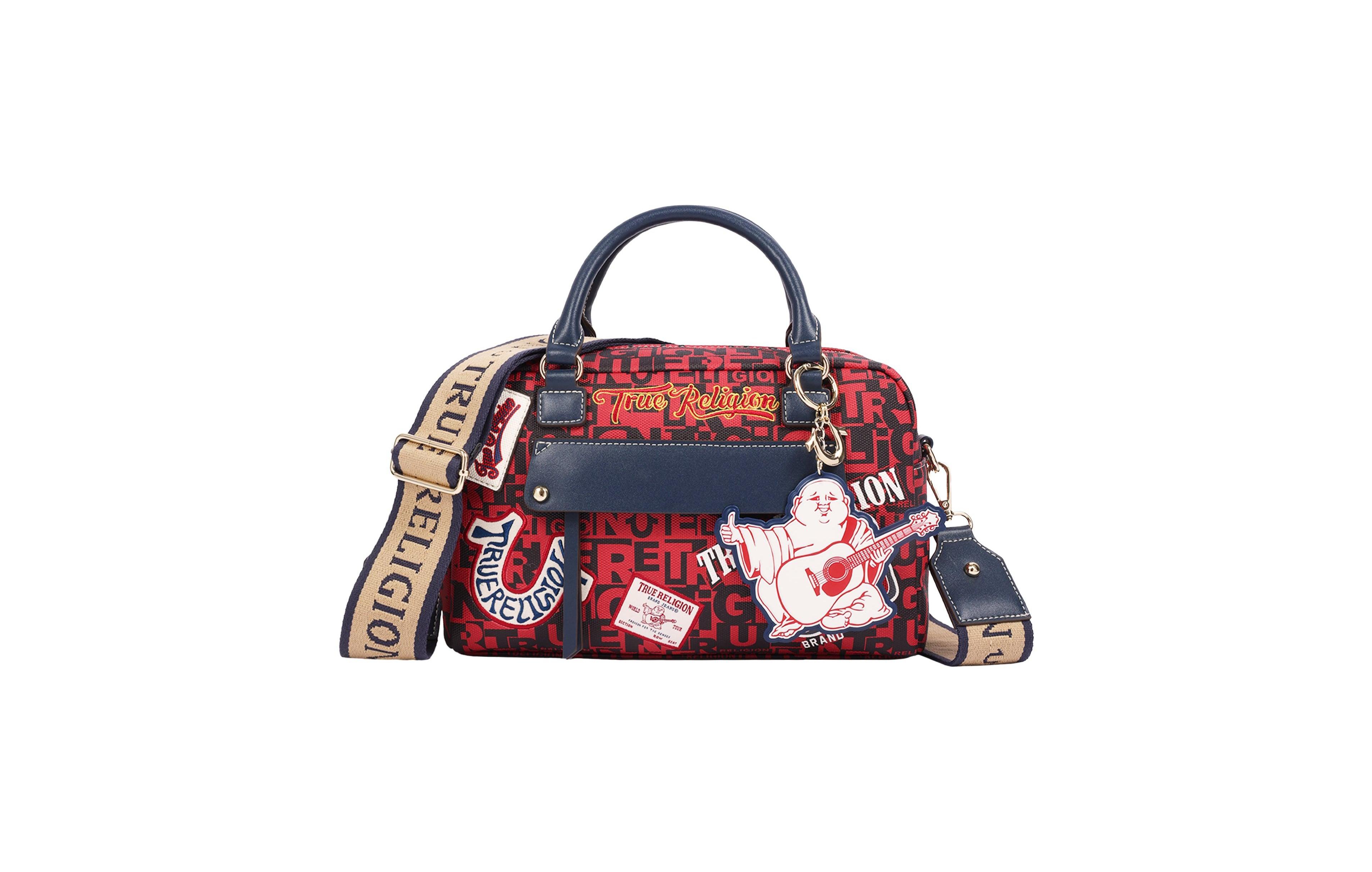 True Religion Women's Multi Patch Graphic Satchel Bag with Detachable Guitar Buddha Charm - Convertible Crossbody Handbag