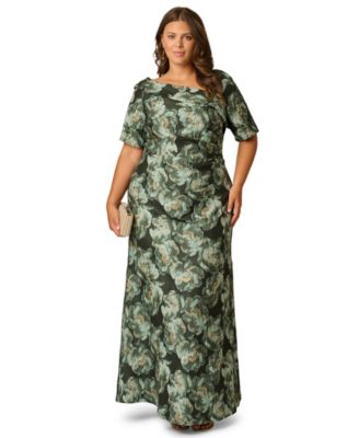 Plus Size Floral Asymmetrical Neckline Short Sleeve Gown
