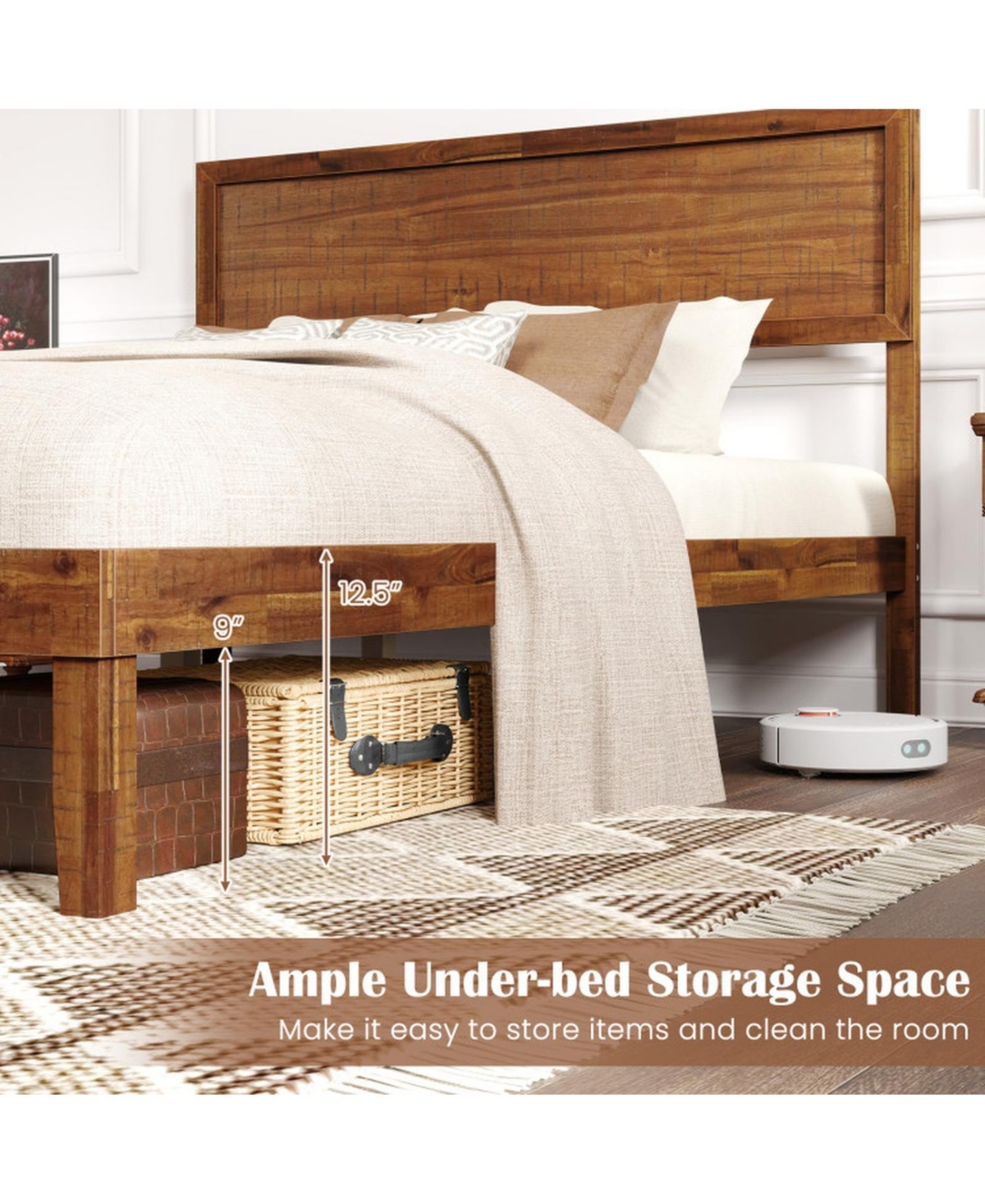 Gouun Full Size Wood Platform Bed Frame with High Headboard and 12 Plywood Slats