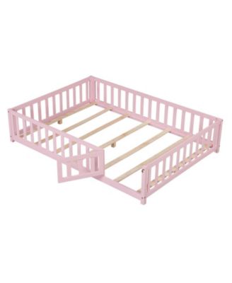 Full Size Montessori Floor Bed with Full-Length Guardrails Safety Door and Latch