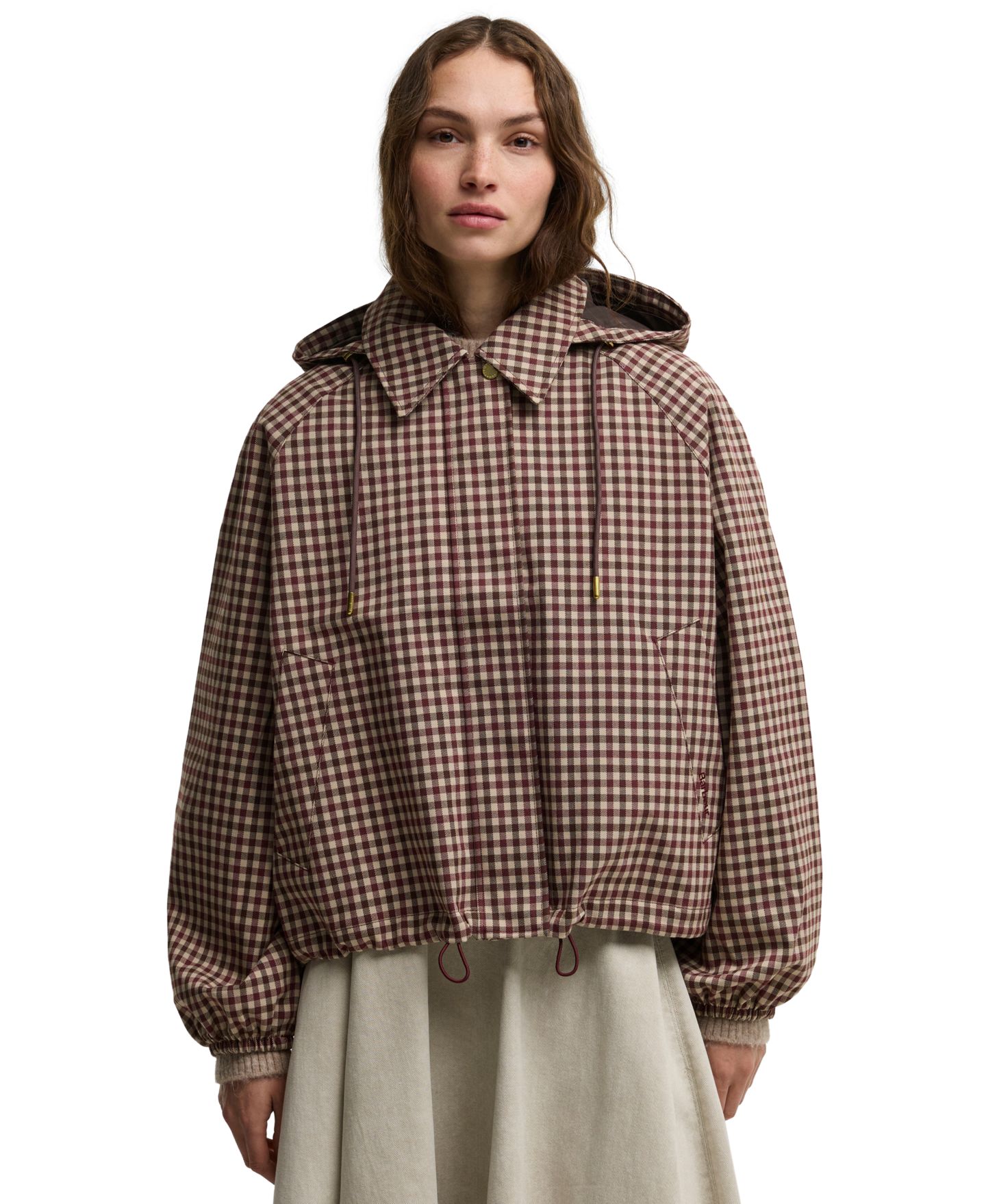 Женские куртки Barbour Audrey Gingham Hooded Raincoat, цвет: Клюквенный коричневый в мелкую клетку — фото 1