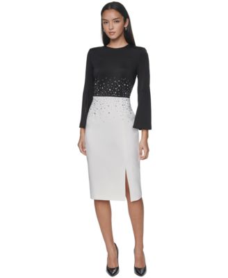 Women's Colorblock Rhinestone Bell-Sleeve Midi Dress