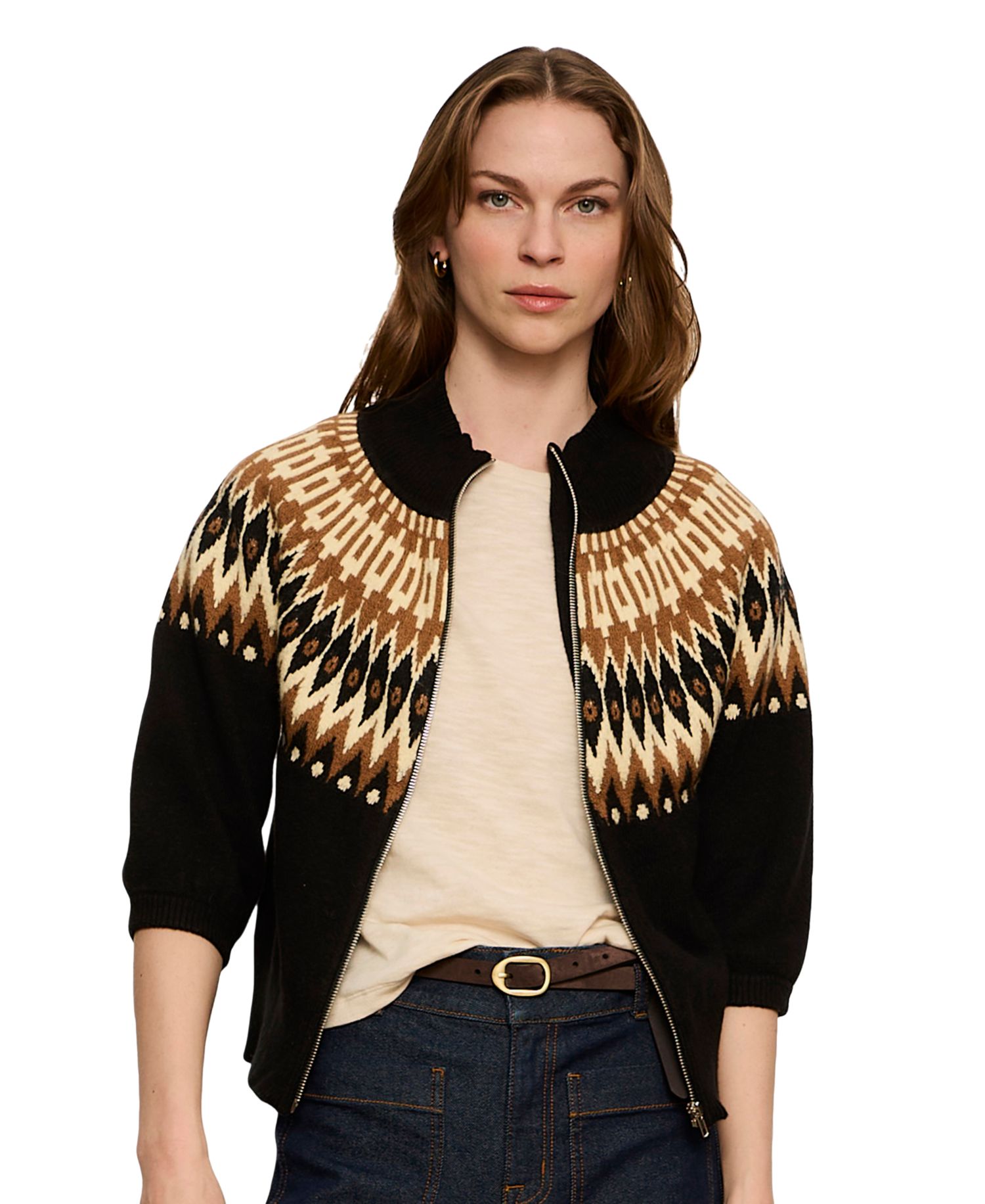 Petite Fair Isle Mock Neck Short-Sleeve Zip-Up Cardigan