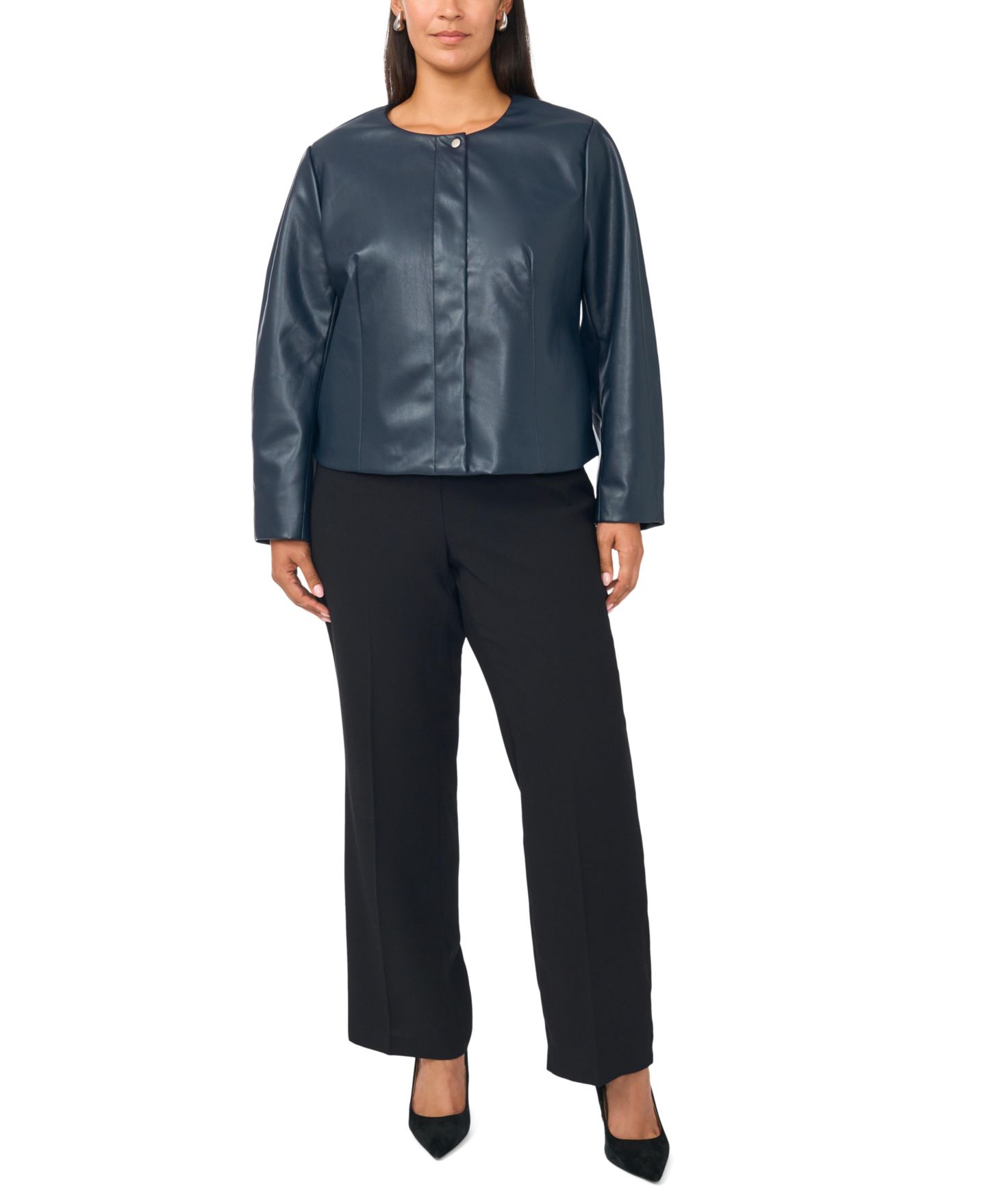Женская куртка Vince Camuto Plus Size Balloon Sleeve Faux Leather Crewneck, цвет: Насыщенный тёмно-синий — фото 2