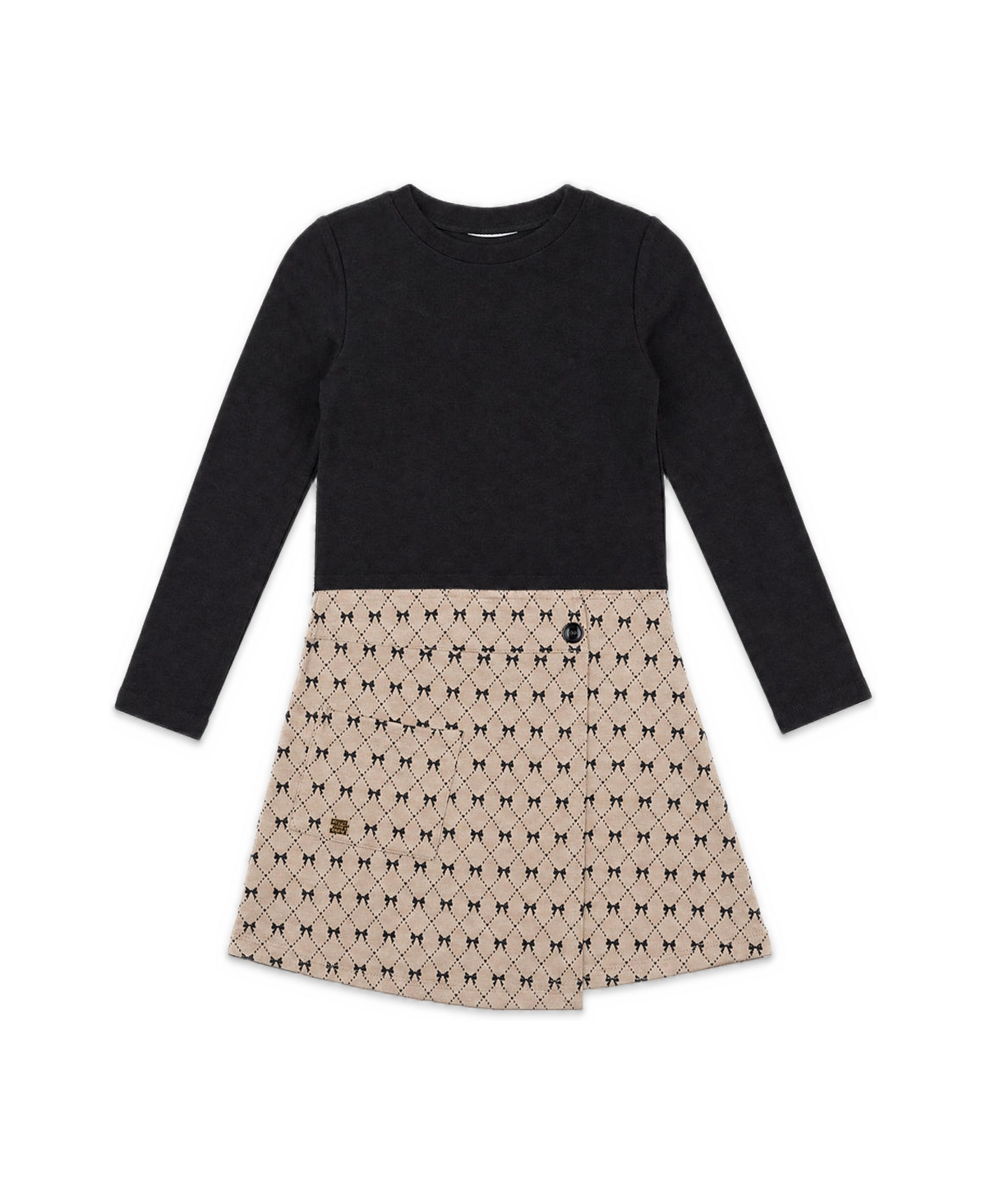 Deux par Girls' 4-16 Bow-Tie Allover Print Long-Sleeve Wrap-Style Dress