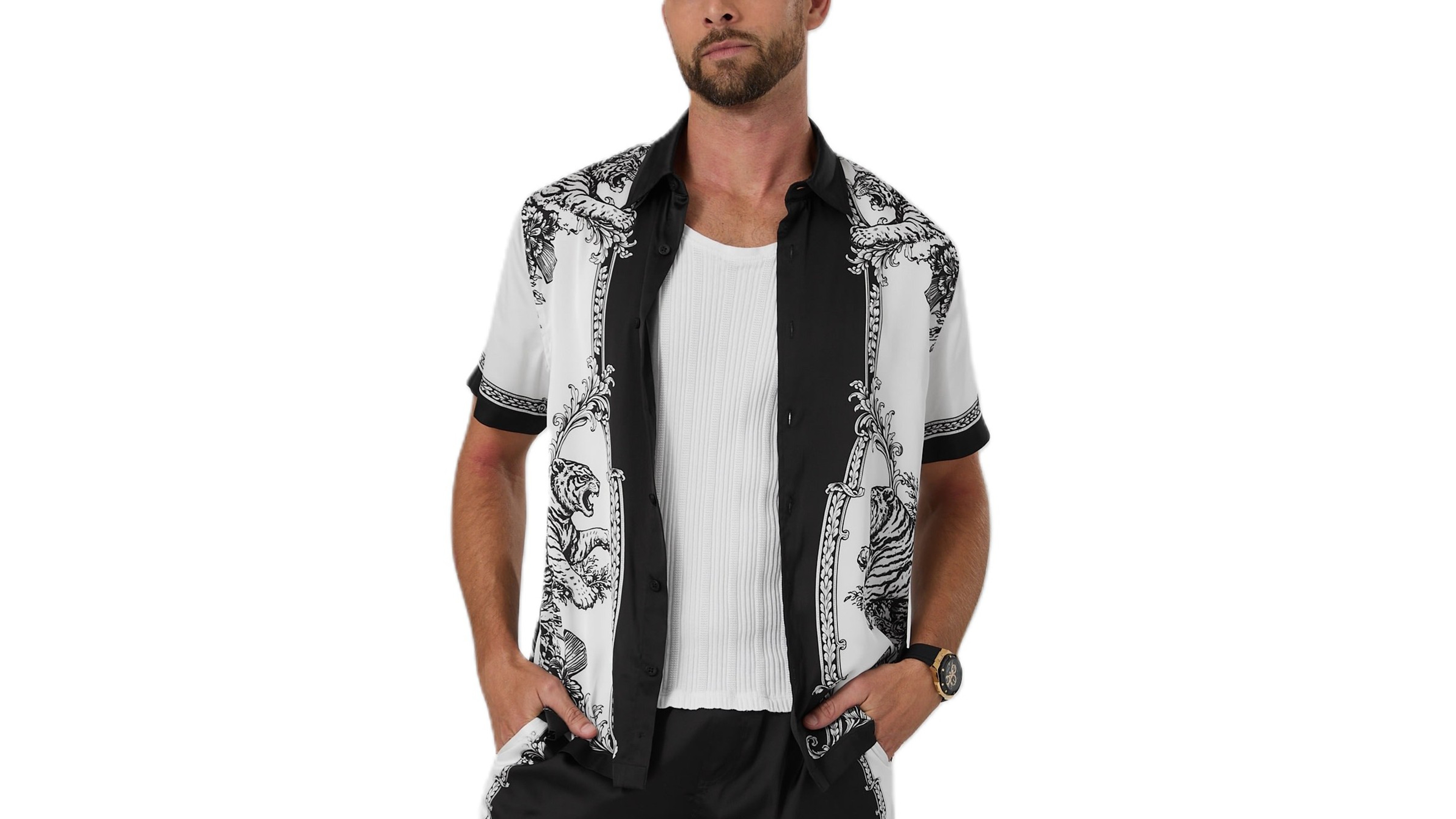 Guess Men's Baroque Framed Tiger Short-Sleeve Button-Front Shirt