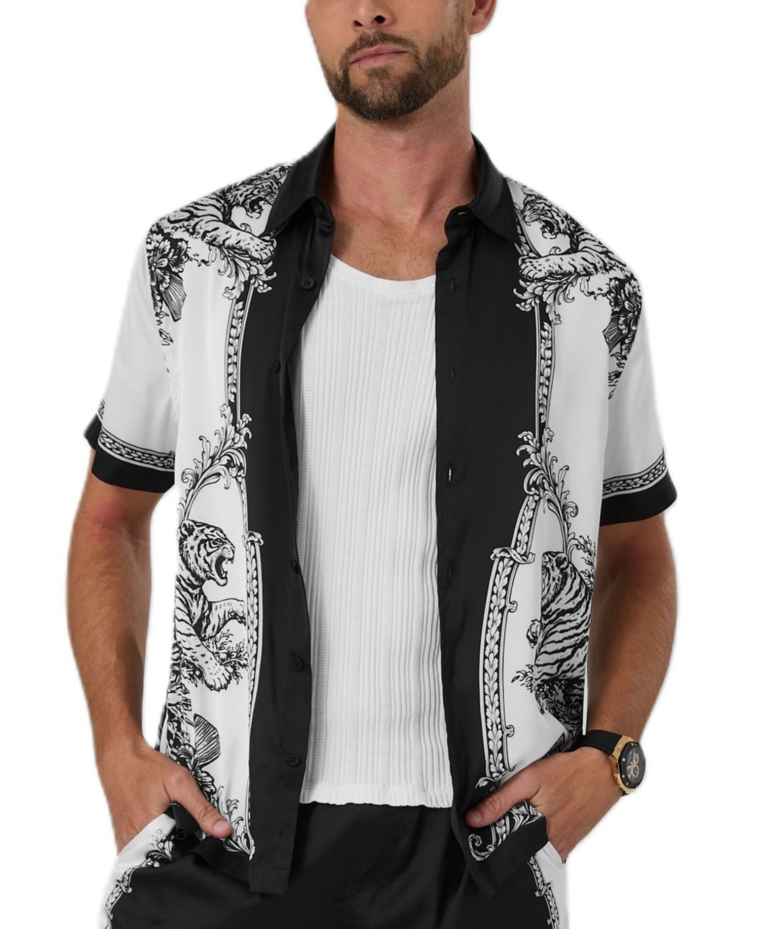 Men's Baroque Framed Tiger Short-Sleeve Button-Front Shirt