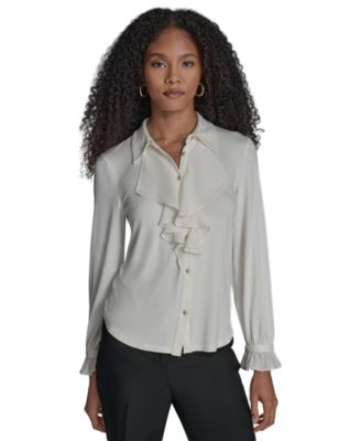Women's Button Down Ruffle Front Blouse