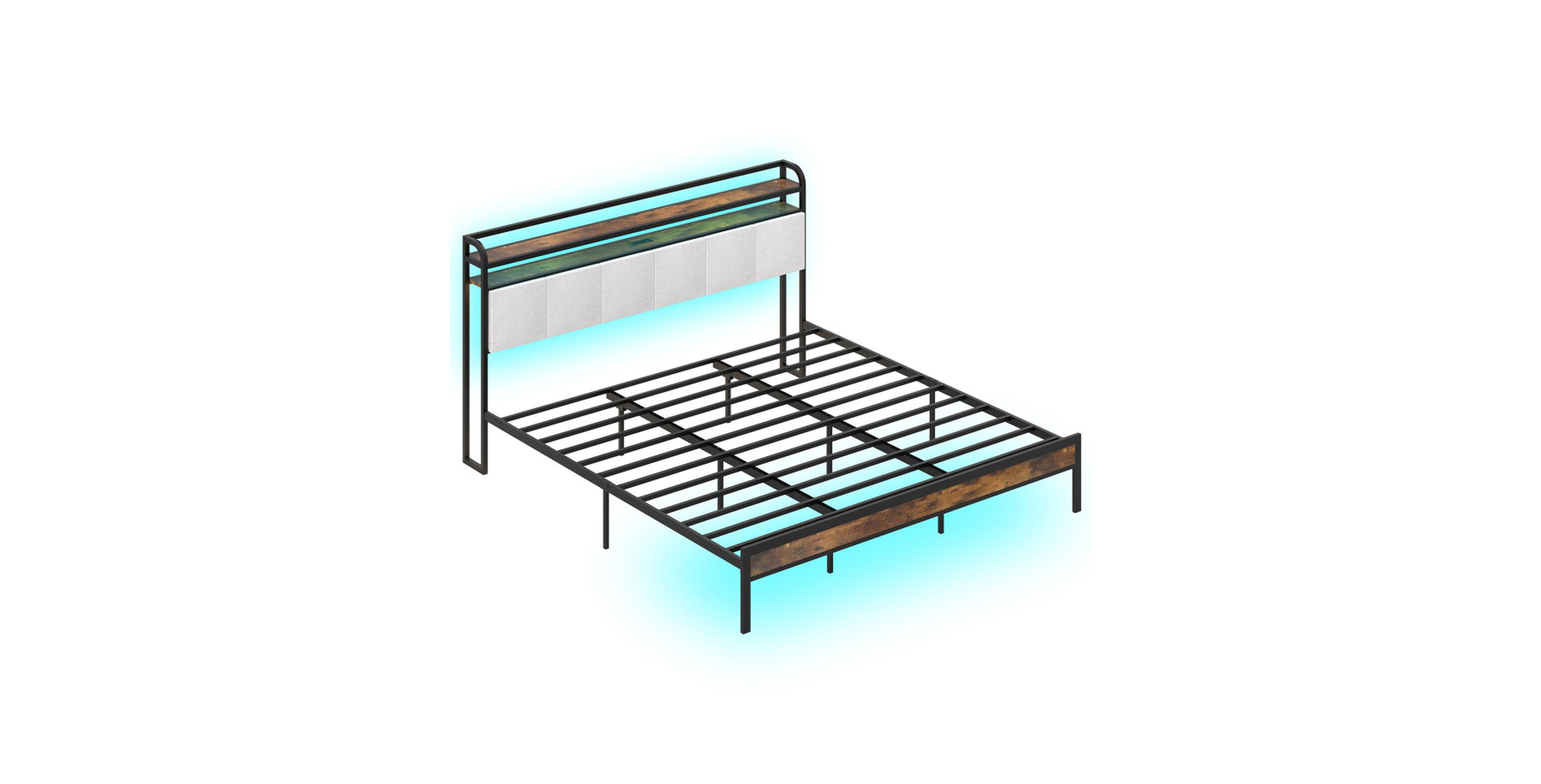 Gouun King Size Bed Frame with Led Lights Charging Station and Storage Headboard