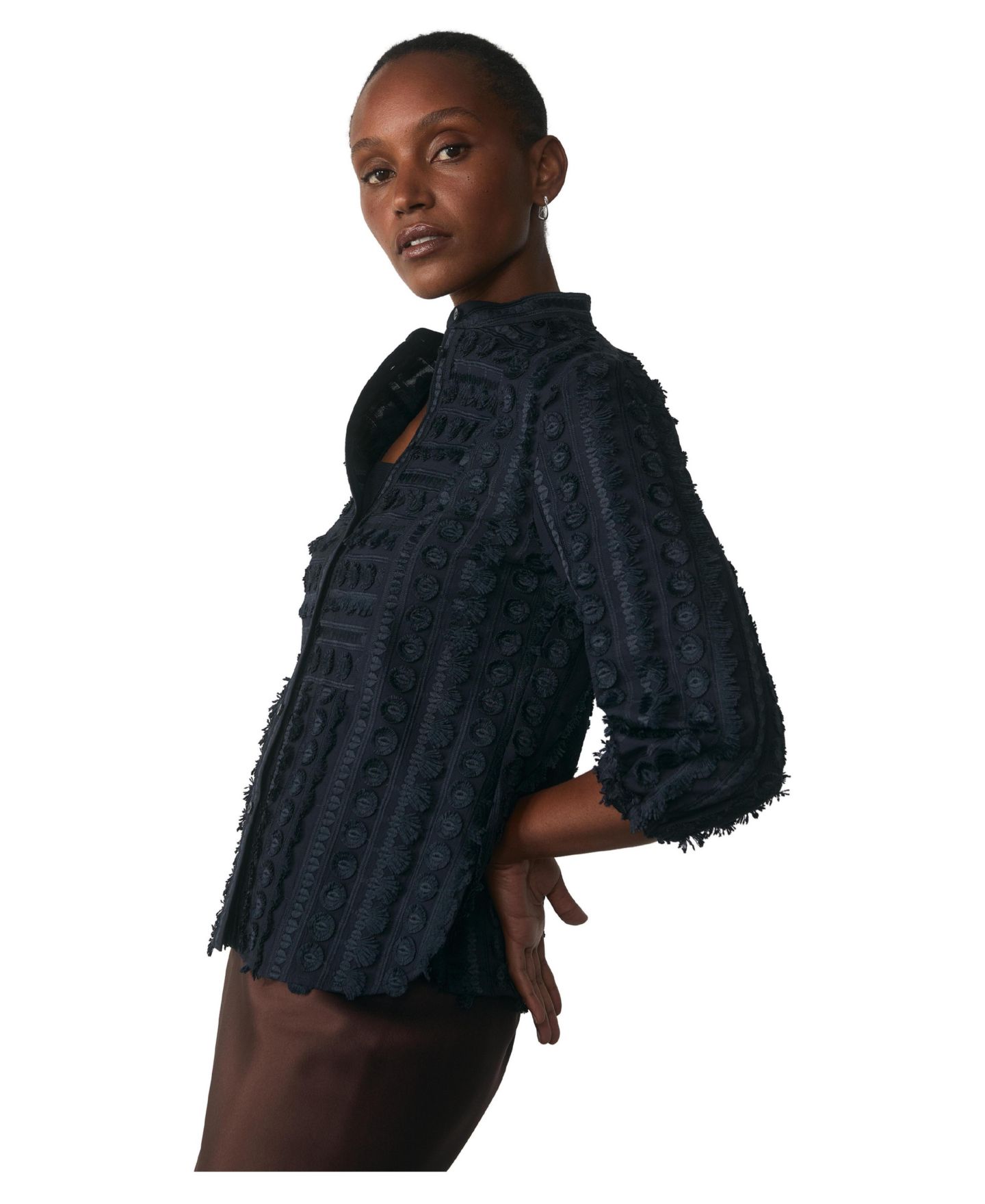 Женская блузка The Fold Nola Mandarin Collar 3/4-Sleeve Textured-Embroidery, цвет: Тёмно-синий — фото 2