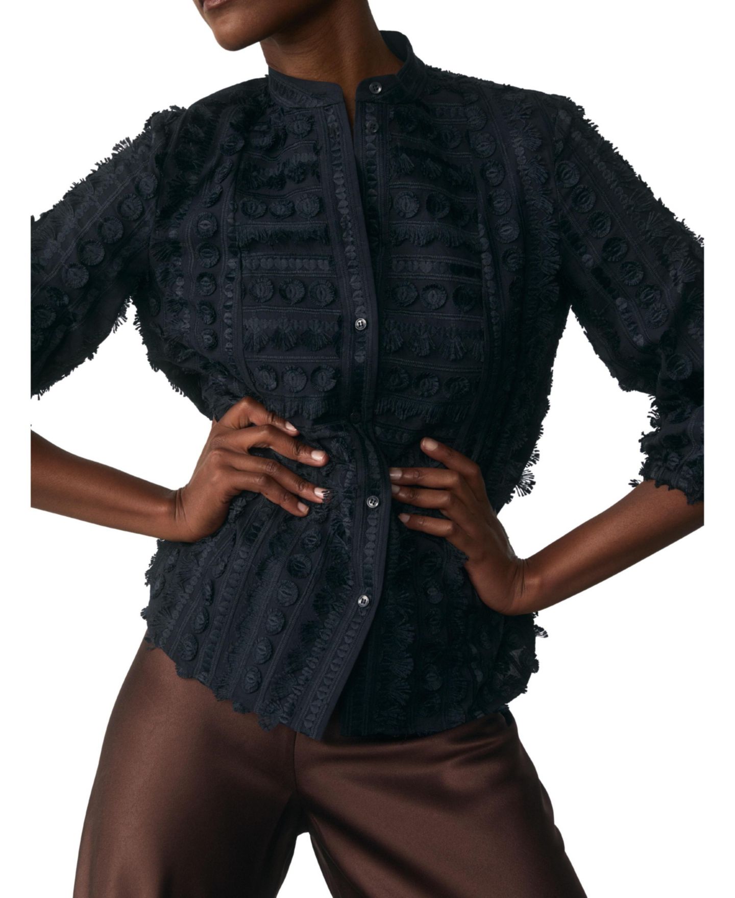 Женская блузка The Fold Nola Mandarin Collar 3/4-Sleeve Textured-Embroidery, цвет: Тёмно-синий — фото 8