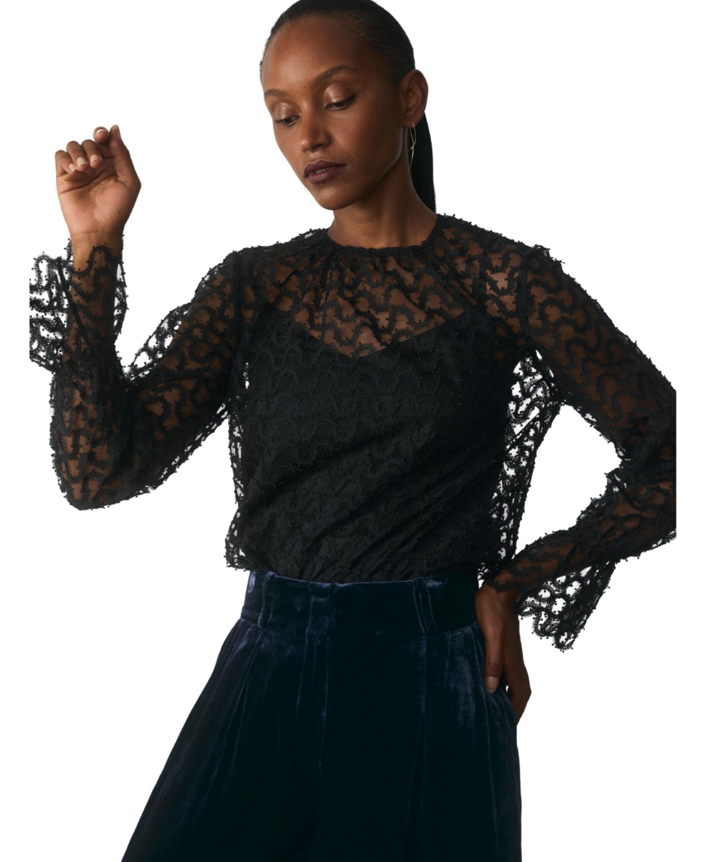 Женская блузка The Fold Aliano Sheer Embroidered Lace Beaded Long-Sleeve, цвет: Чёрный — фото 7