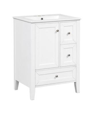 24 Inch White Freestanding Bathroom Vanity with Ceramic Sink Drawers Storage Shelves MDF Solid Wood Frame for Small Bathrooms