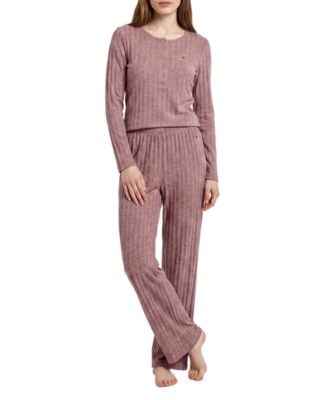 Women's Long-Sleeve Wide-Leg Cable-Jacquard Henley Top and Pant, 2-Piece Pajama Set