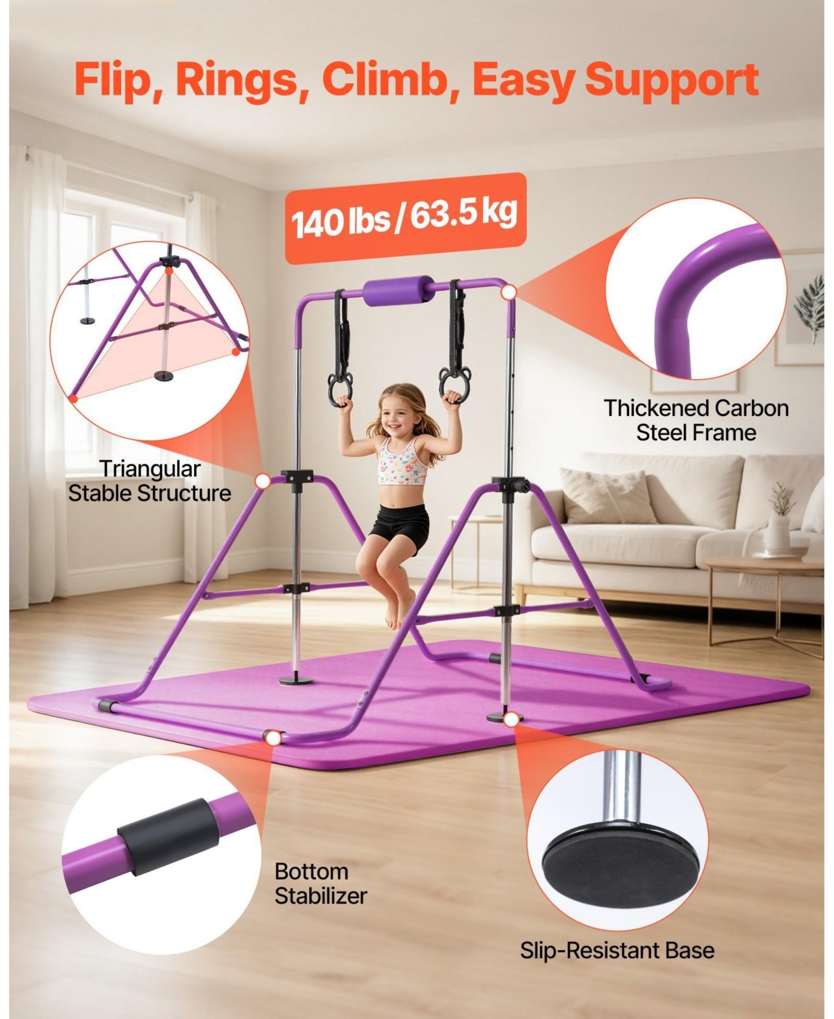 Sevorley Folding Gymnastic Bar for Kids, Adjustable Height Training Kip Bar with Mat