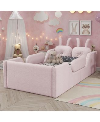 Twin Upholstered Platform Bed with Rabbit Cushion and Side Rails