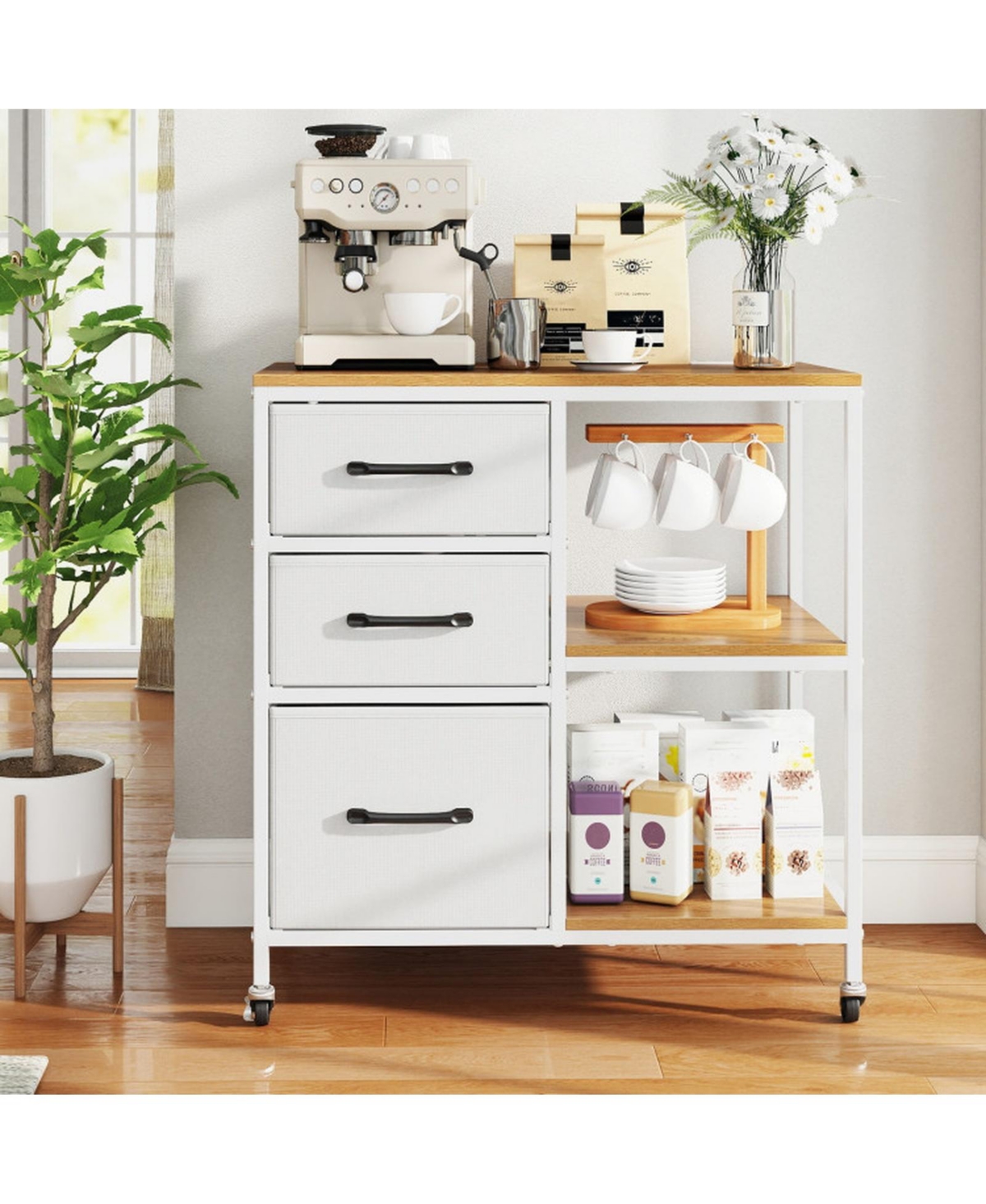 Sugift 3-Drawer Mobile File Cabinet with Charging Station and Open Printer Shelves