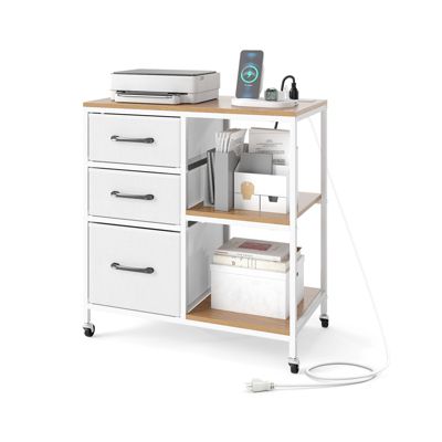 3-Drawer Mobile File Cabinet with Charging Station and Open Printer Shelves