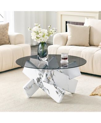  Artistic Cross X-Shaped Tempered Glass and Marble Coffee Table