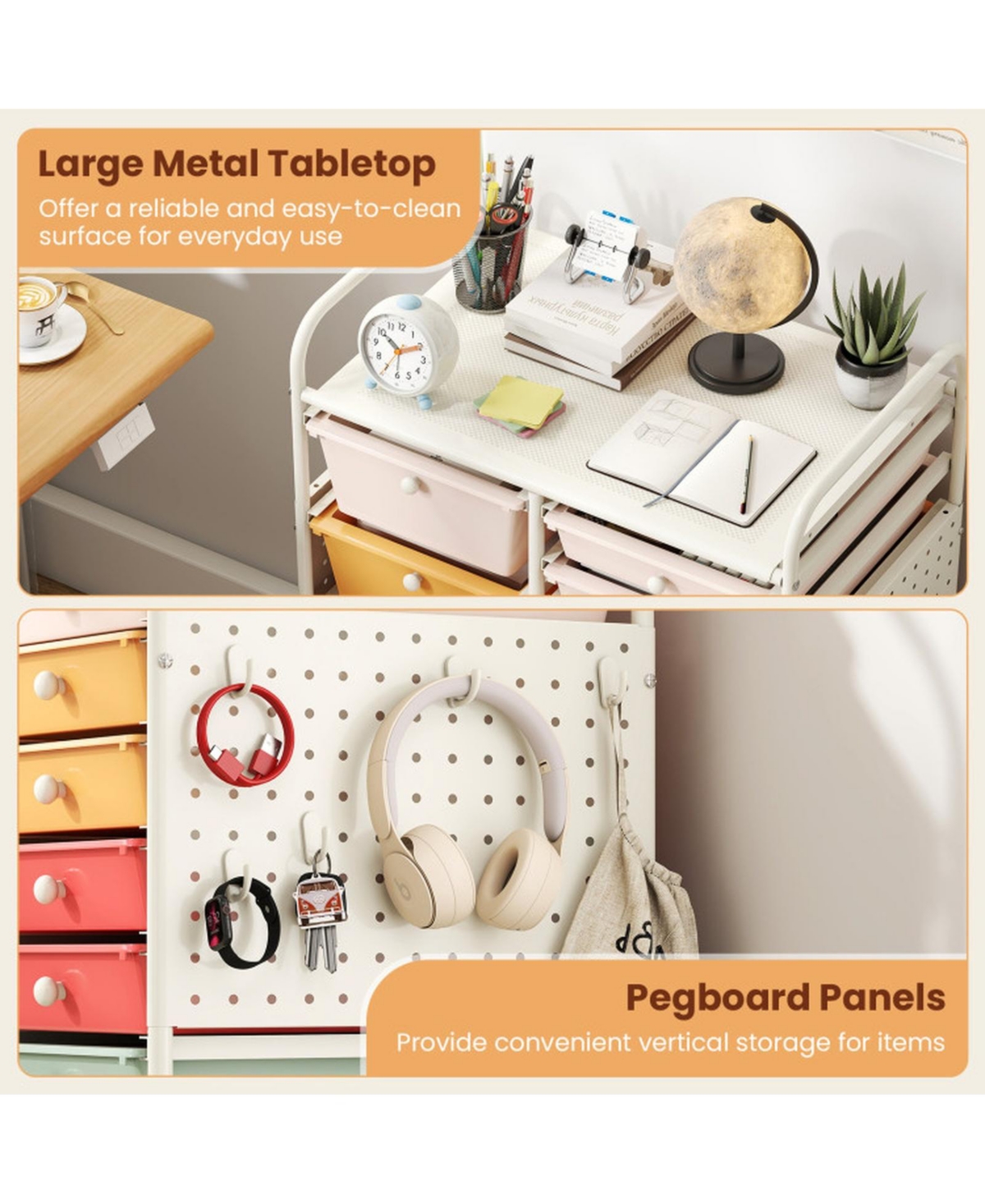 Sugift 15-Drawer Rolling Storage Cart with Metal Tabletop and Pegboard Mobile Craft Organizer