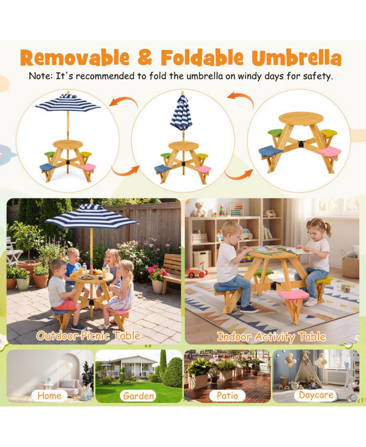 Sugift Kids Round Picnic Table with 4 Built-In Stools and Height Adjustable Umbrella