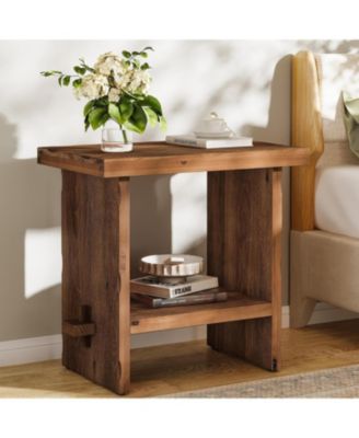 Solid Wood Nightstand with Storage: Farmhouse bedside table for bedroom. Rectangle night stand with wooden base.Accent furniture.