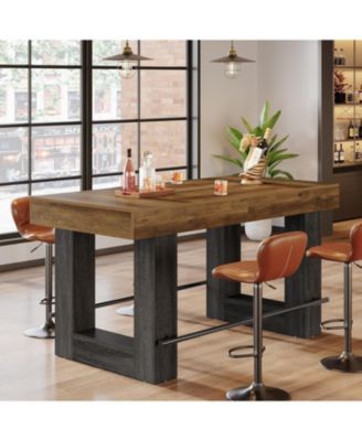 63" Bar Height Table with Metal Footrest, Wooden High Top