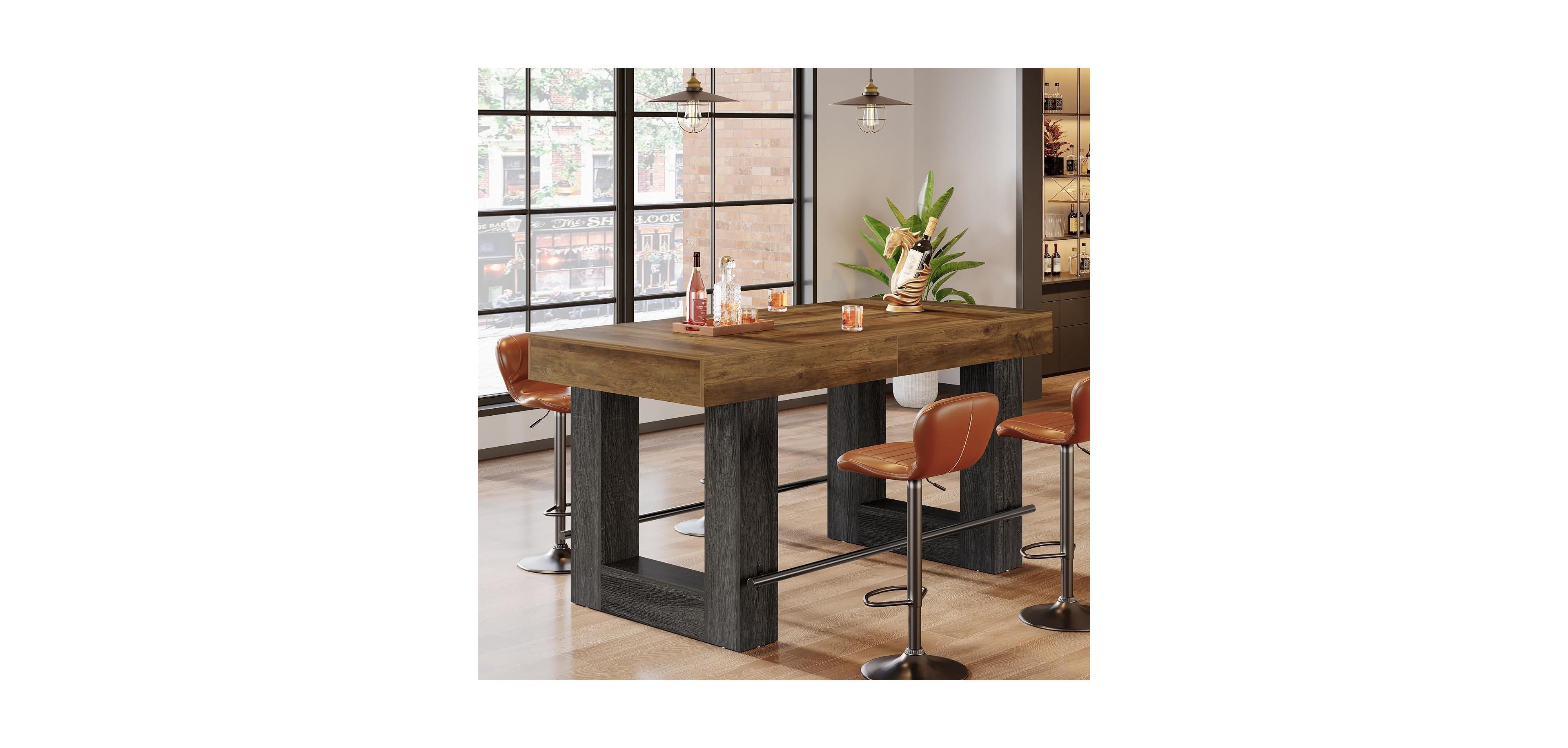 Tribesigns 63" Bar Height Table with Metal Footrest, Wooden High Top
