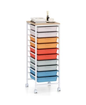 10-Drawer Rolling Storage Cart with Wooden Tabletop