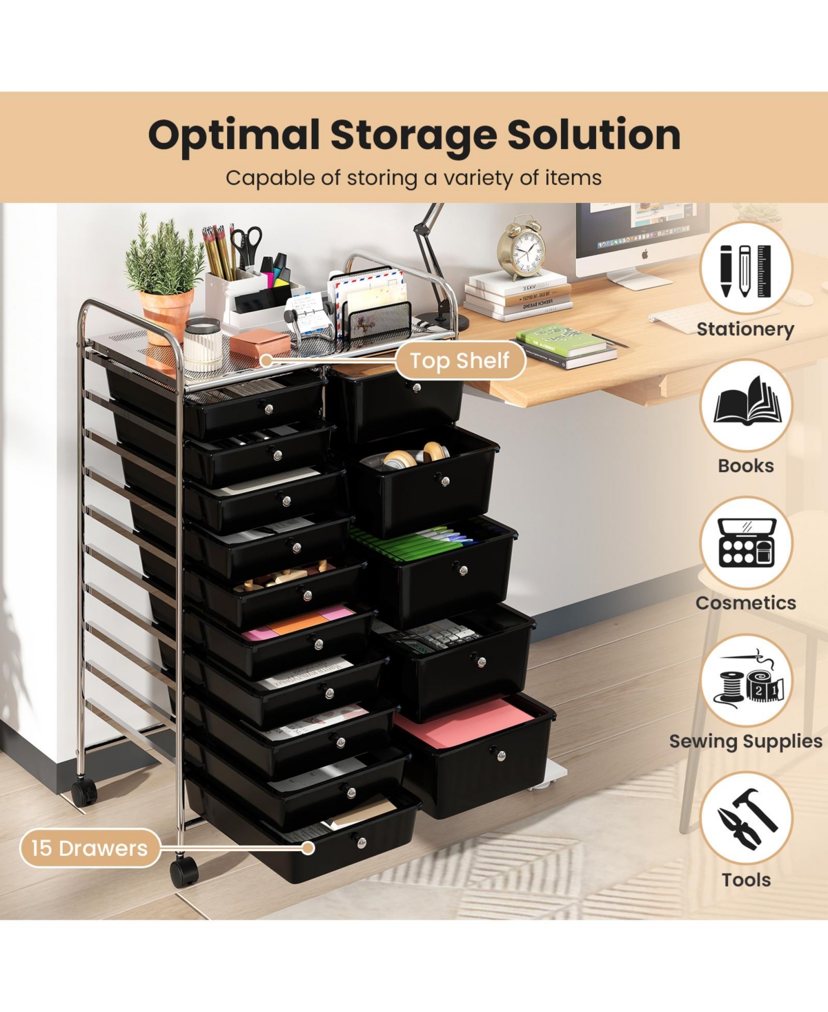Mecale 15-Drawer Rolling Trolley with Chrome-Plated Frame