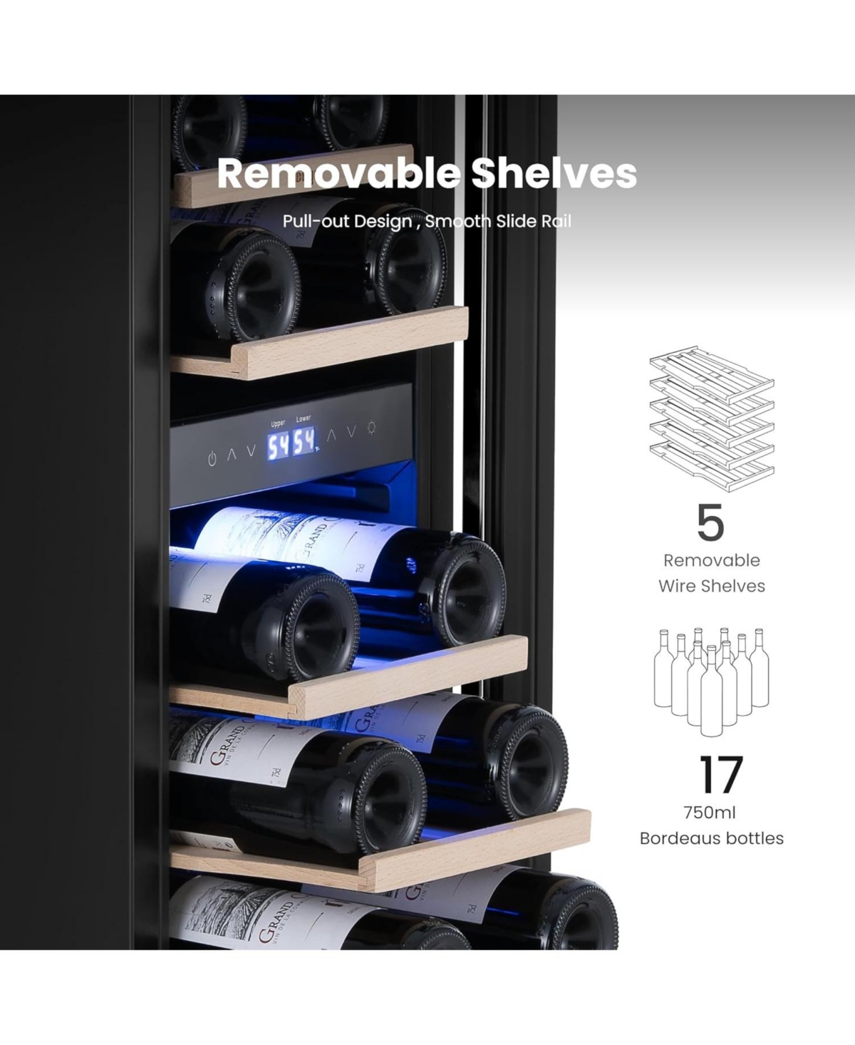 Yeego 12 Inch Wine Fridge Cooler 40degree(s)F-65degree(s)F Dual Zone 17 Bottles Right-Hinged,For White/Red Wine,Champagne With Glass Door,Lights