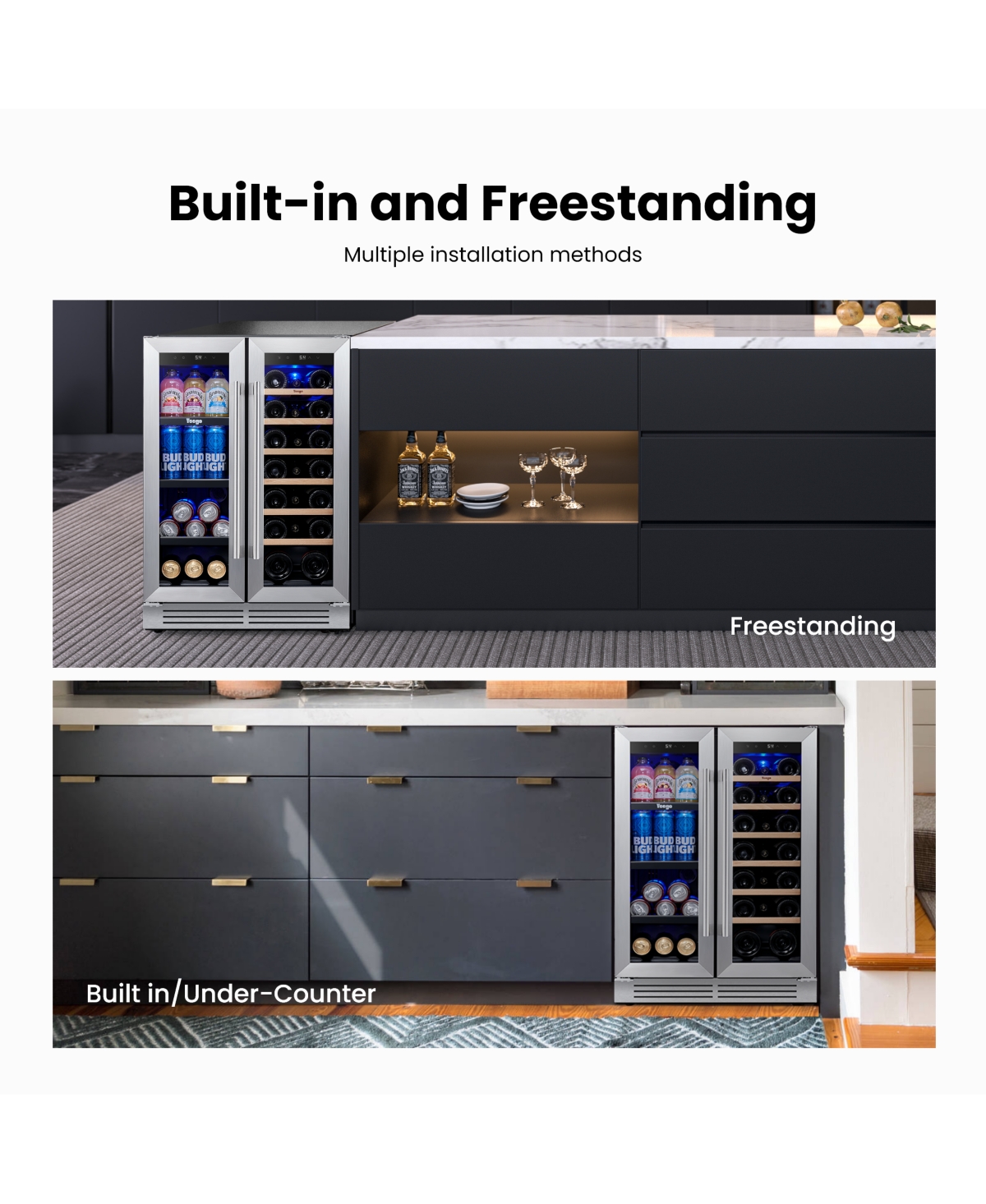 Yeego 24 Inch Dual Zone Wine CooerandBeverage Refrigerator With 2 Doors,Led Lights 60 Cans+20 Bottles 36degree(s)F-72degree(s)F Cooler