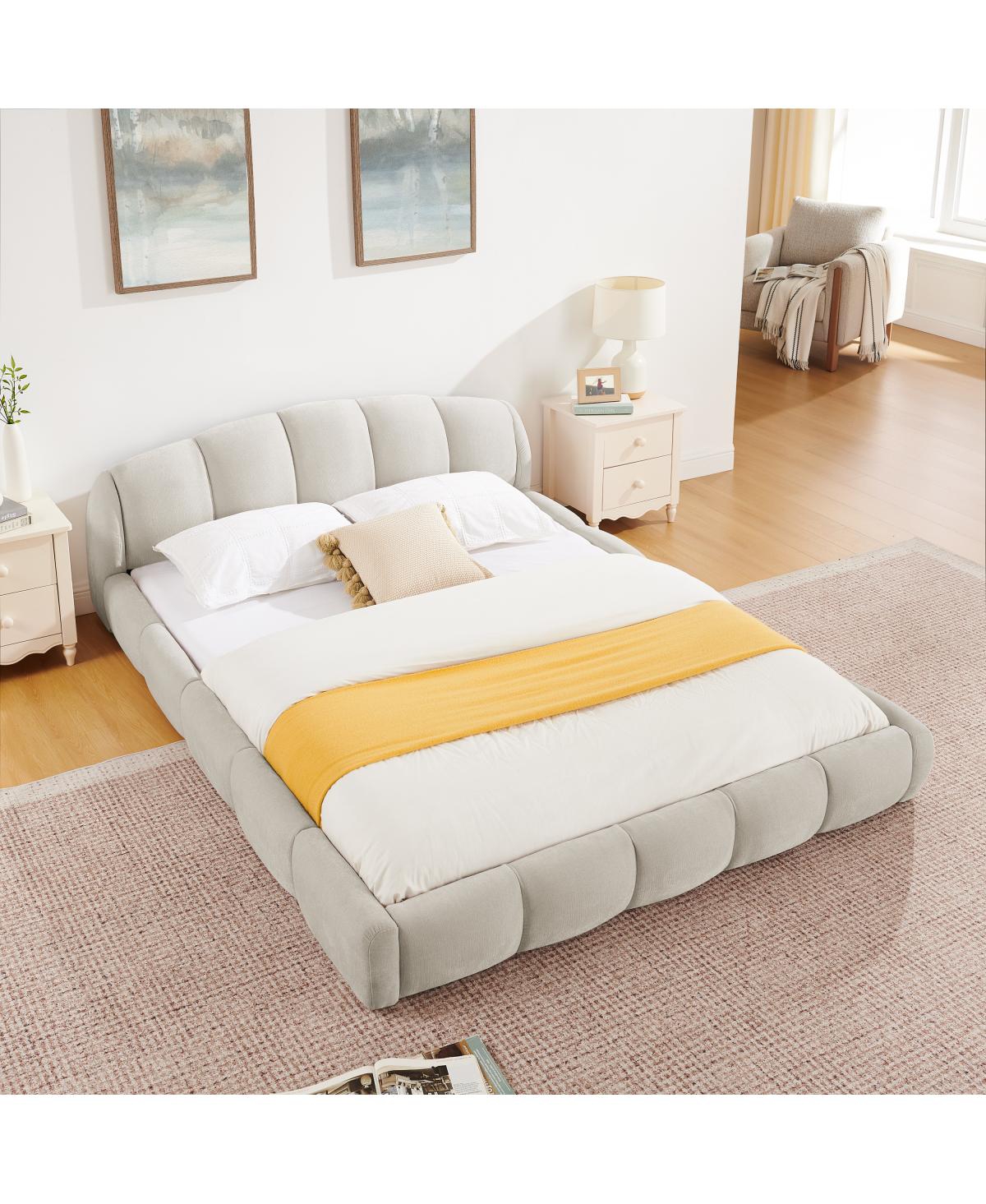 Streamdale Furniture Chenille Upholstered Queen Platform Bed with Curved Headboard