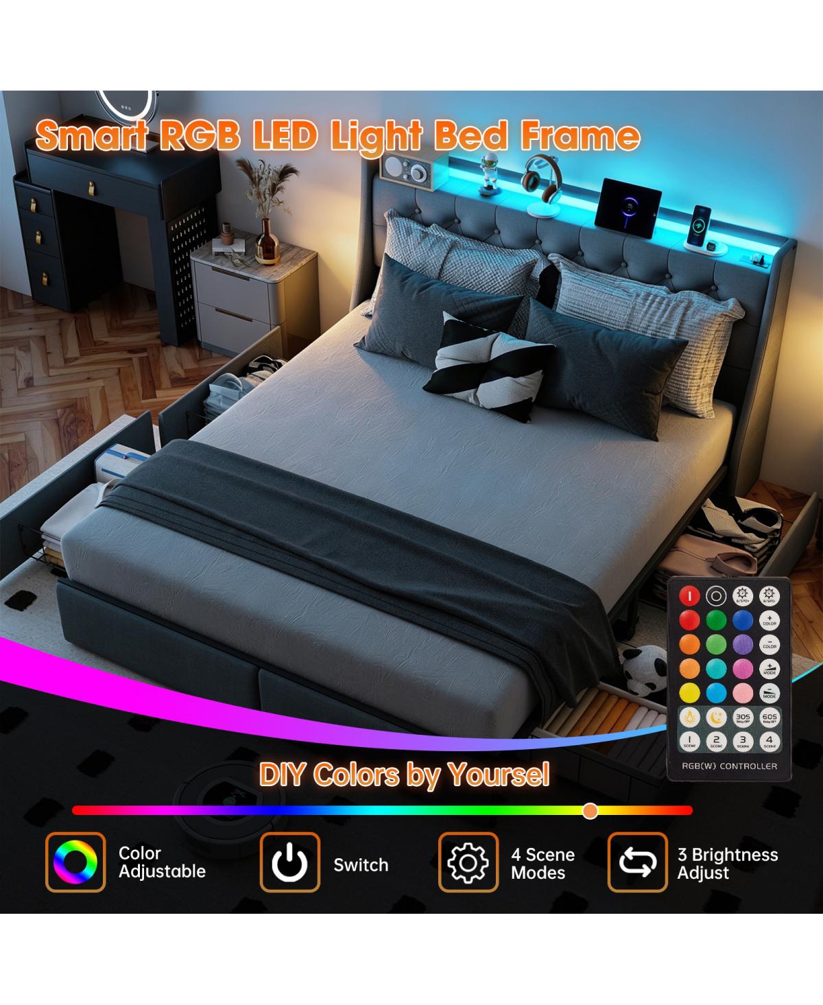 Streamdale Furniture Full Size Metal Bed Frame with Led Storage Headboard and 4 Drawers