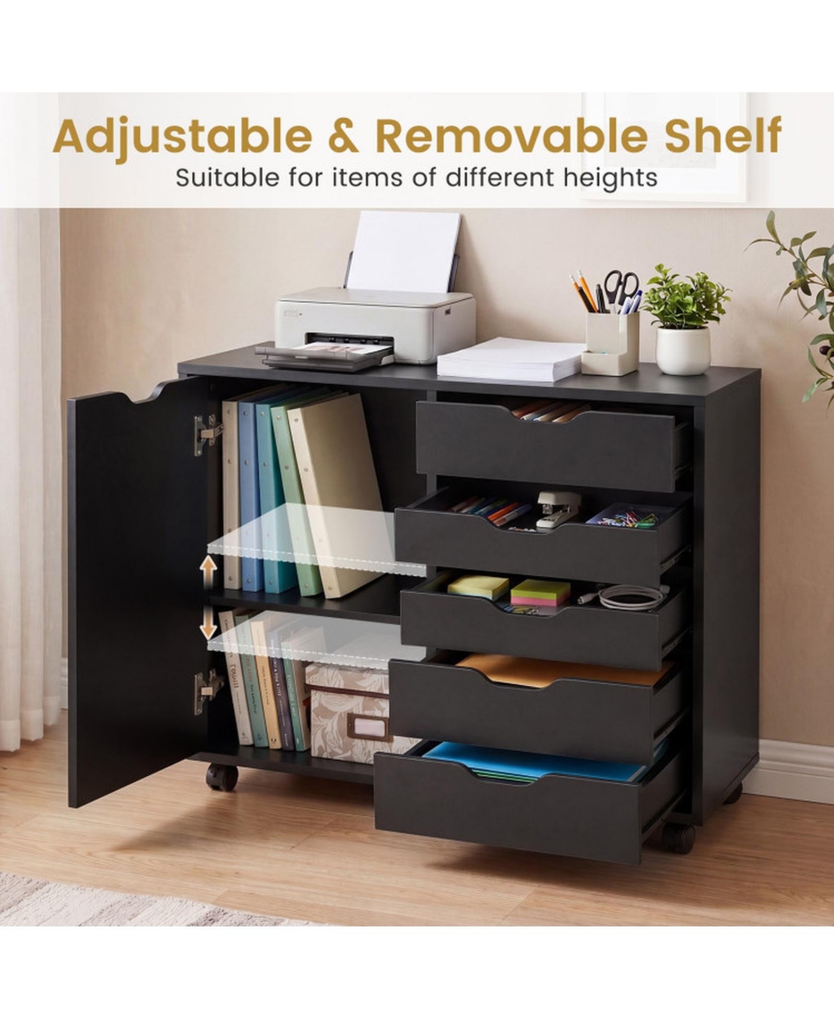 Sugift 5-Drawer Mobile Storage Cabinet on Wheels with Adjustable Shelf and Door Cabinet