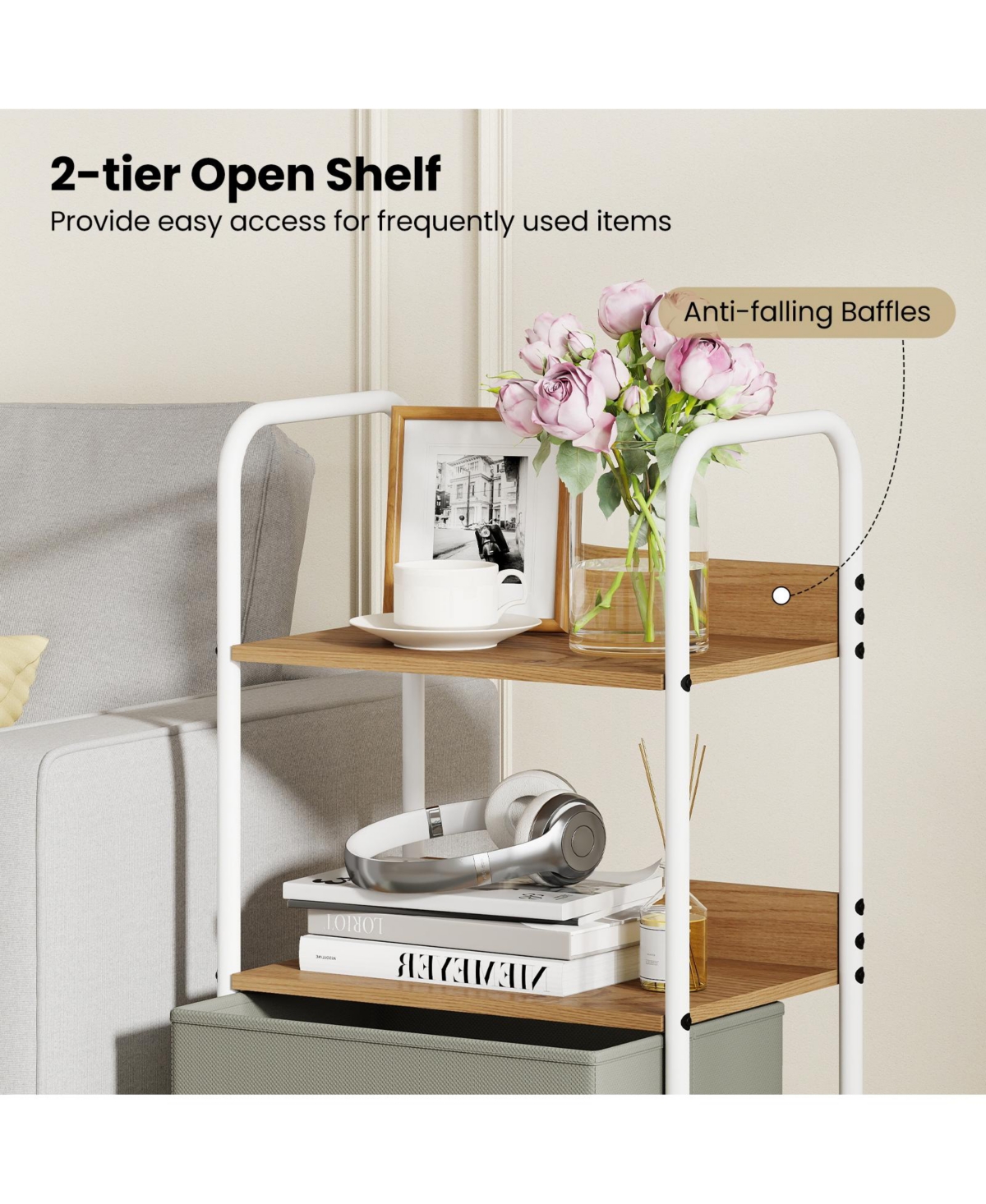 Mecale Rolling Utility Cart with Open Shelves and Fabric Drawers